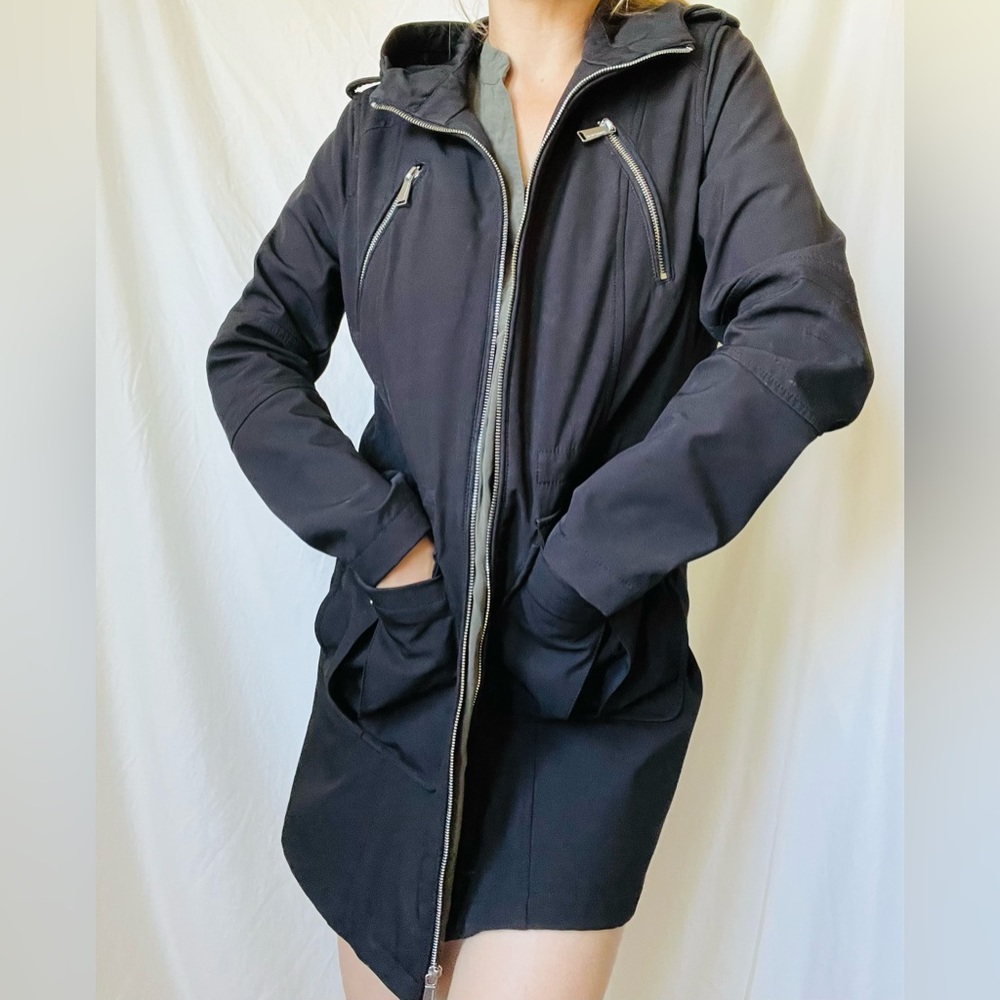 Black BCBGeneration Hooded Rain Jacket Silver Zippers Trench Coat Style